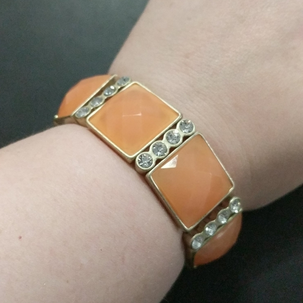 Peach Faceted Cabochon and Rhinestone Stretchy Elastic Statement Bracelet